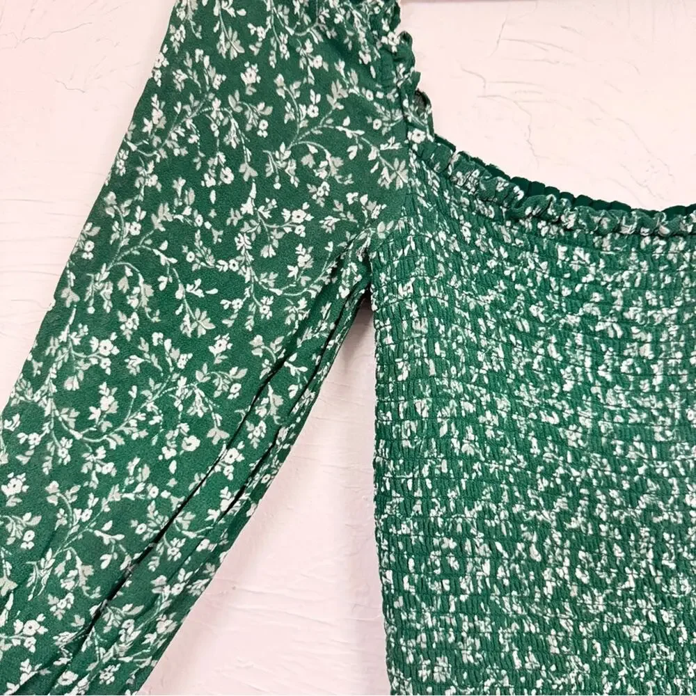 Reformation Green Ditsy Floral Smocked Blouse Womens M Summer Sheer Sleeve Boho
